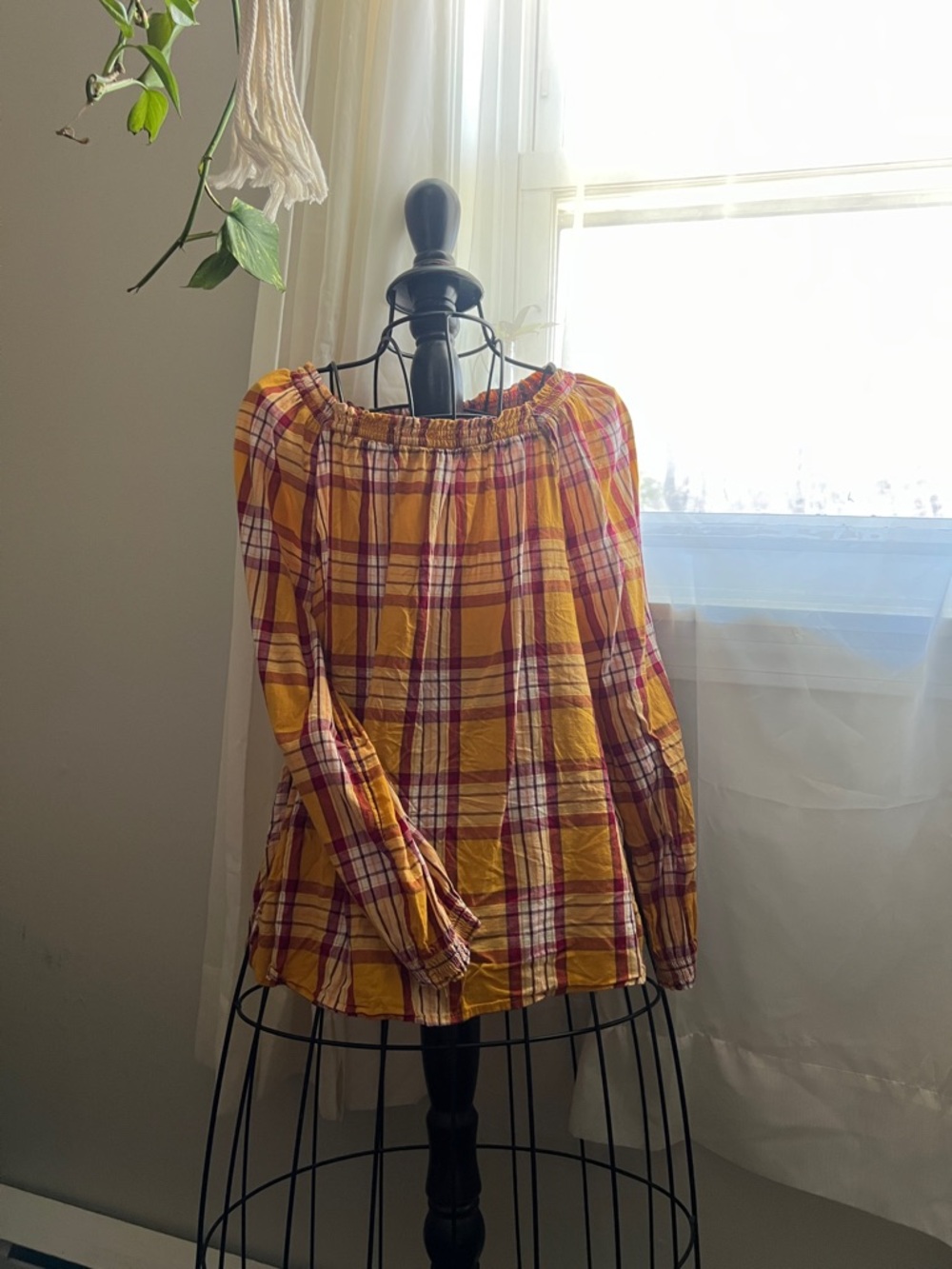 Old Navy Mustard Yellow and Burgundy Plaid Off-Shoulder Top